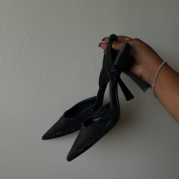 Zara Black pointed toe slingback heels with rhinestone detail Size 9 - Picture 7 of 9